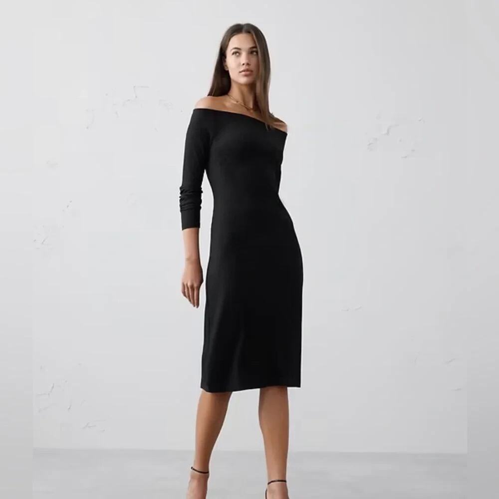 NWTGS Banana Republic Ribbed Off the NAVY Shoulder MIDI dress SZ L $130